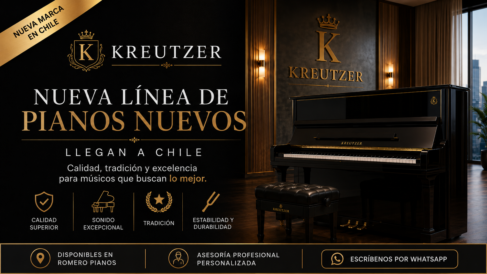 Banner Kreutzer Pianos en Chile con piano vertical nuevo y diseño elegante