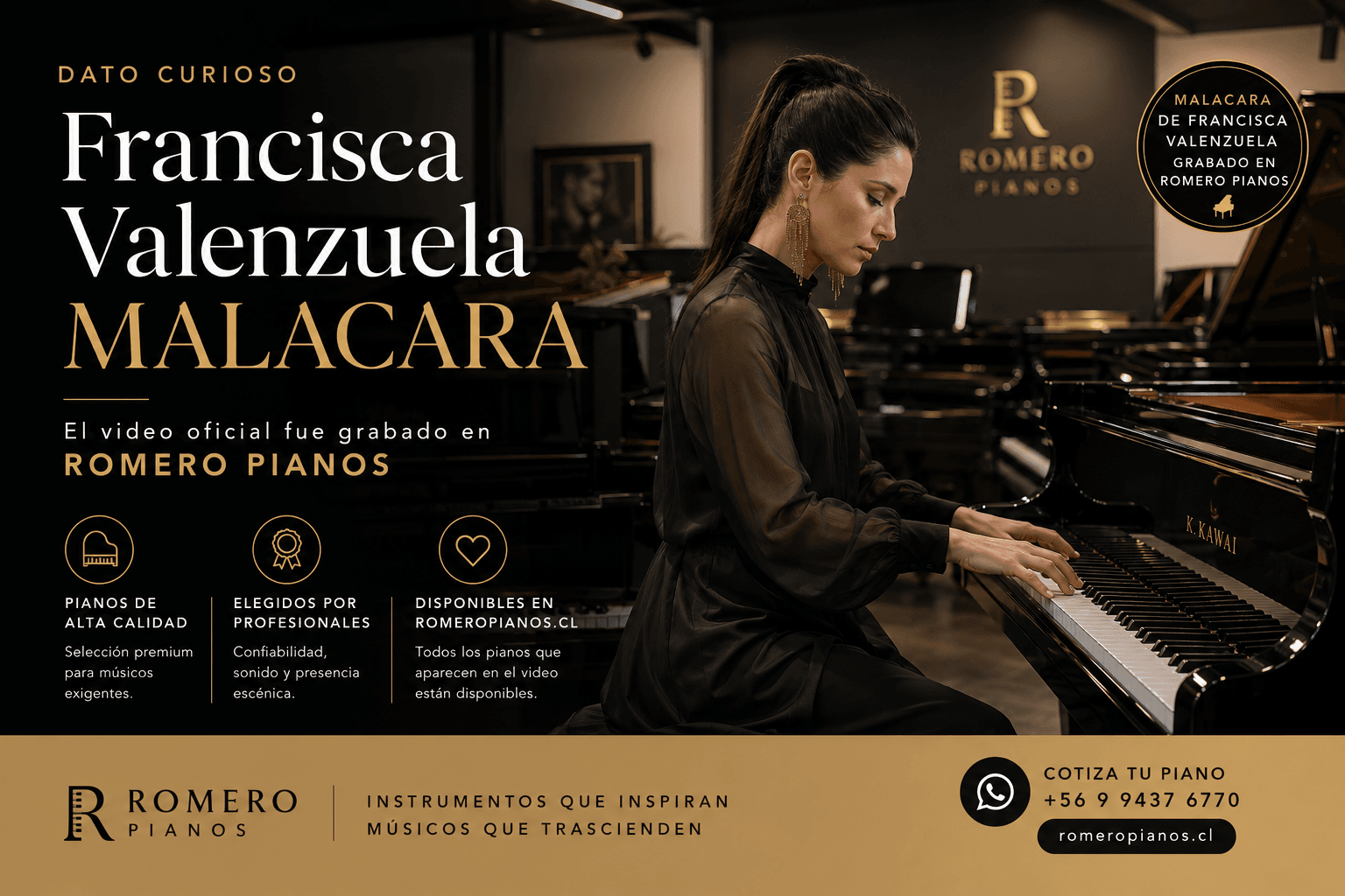 Francisca Valenzuela – MALACARA en Romero Pianos Francisca Valenzuela en Romero Pianos durante la promoción del video MALACARA, junto a pianos de alta calidad disponibles en romeropianos.cl.